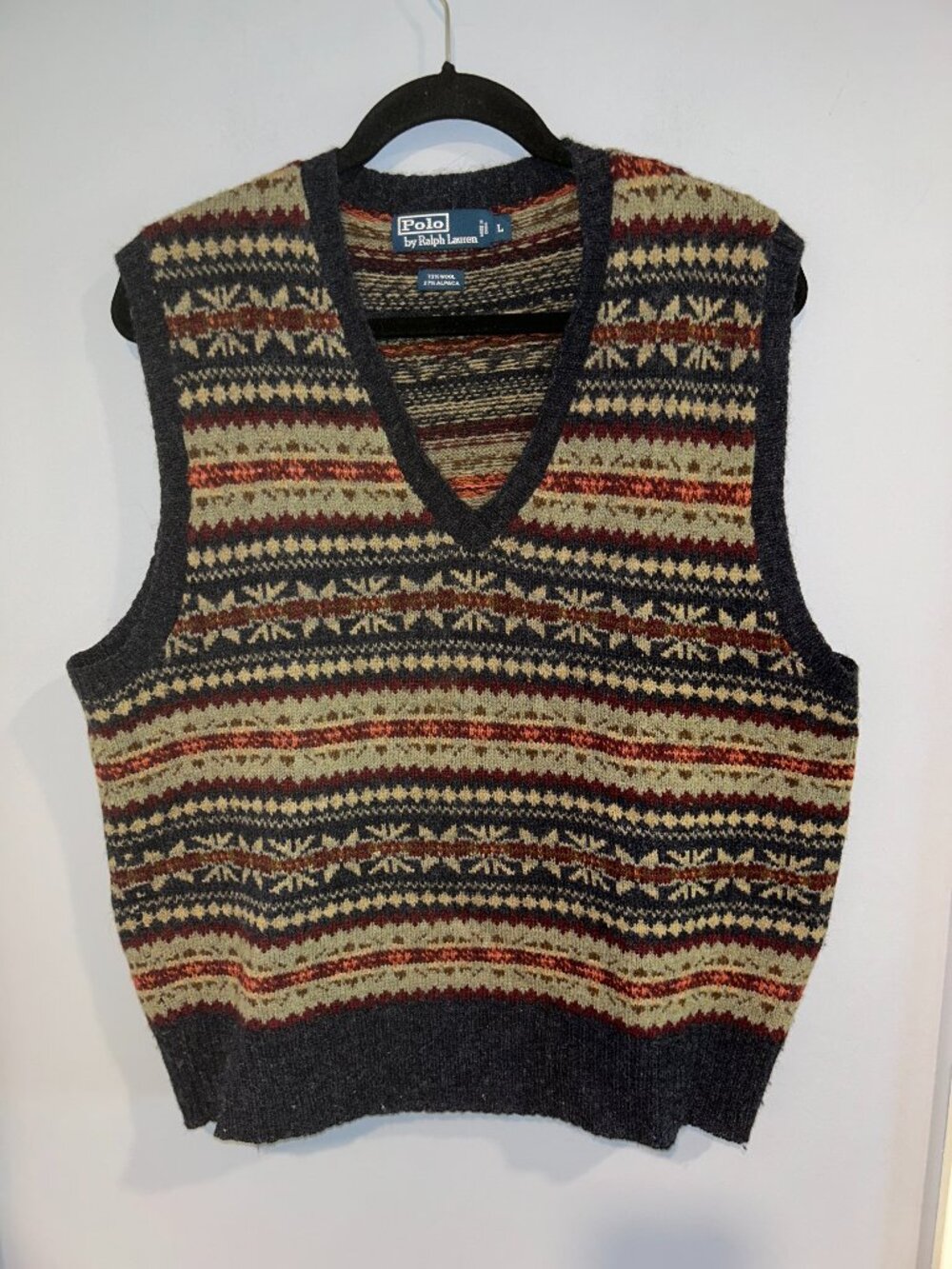 Polo Ralph Lauren Men's L, Fair Isle Sweater Vest, Wool Alpaca V-neck Vest